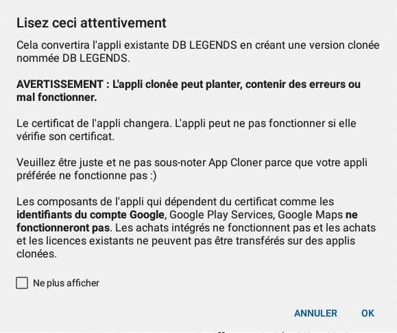 App Cloner avertissement